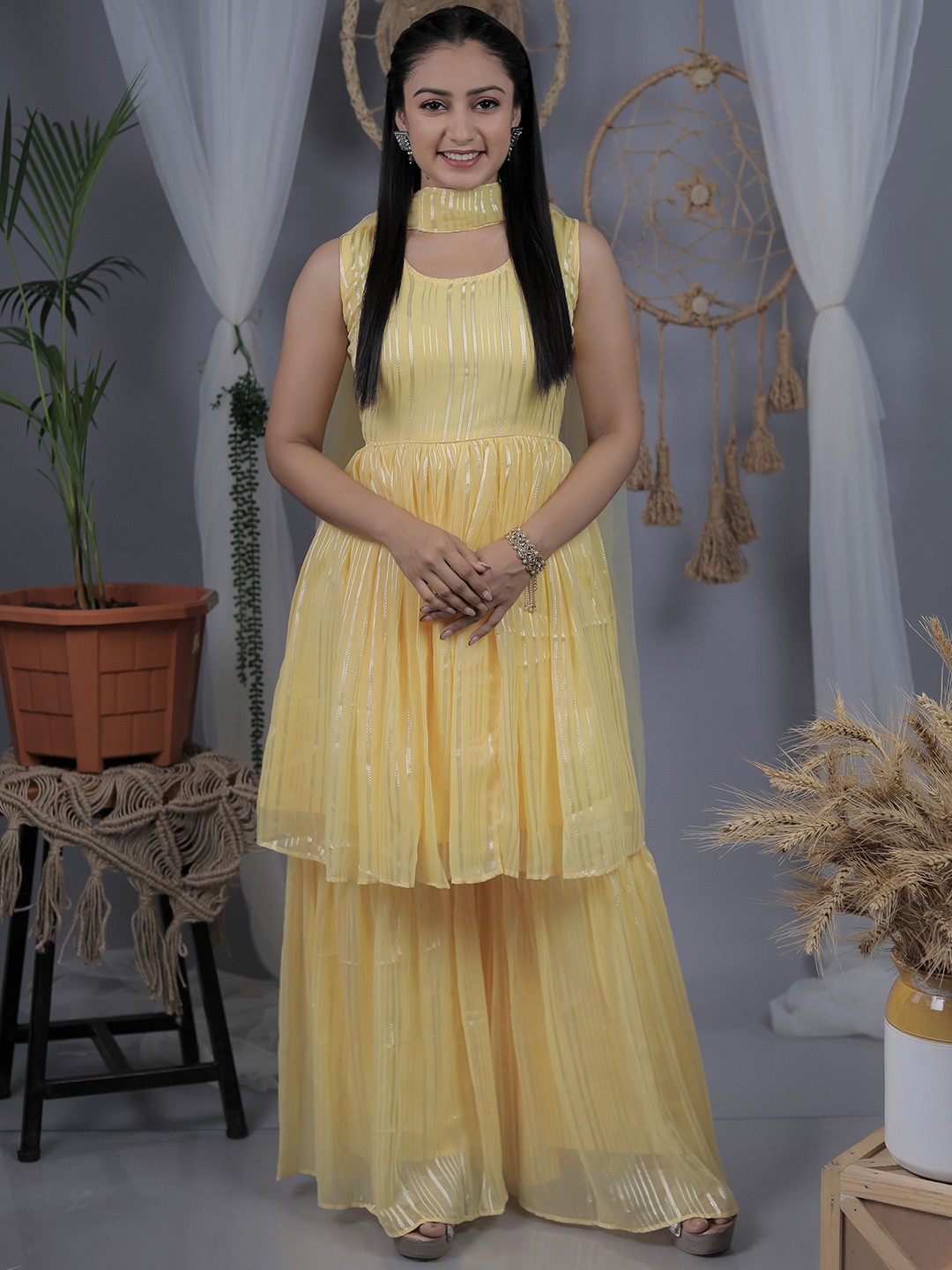 

Sashay Boutique Striped Silk Georgette Anarkali Kurta With Sharara & Dupatta, Yellow