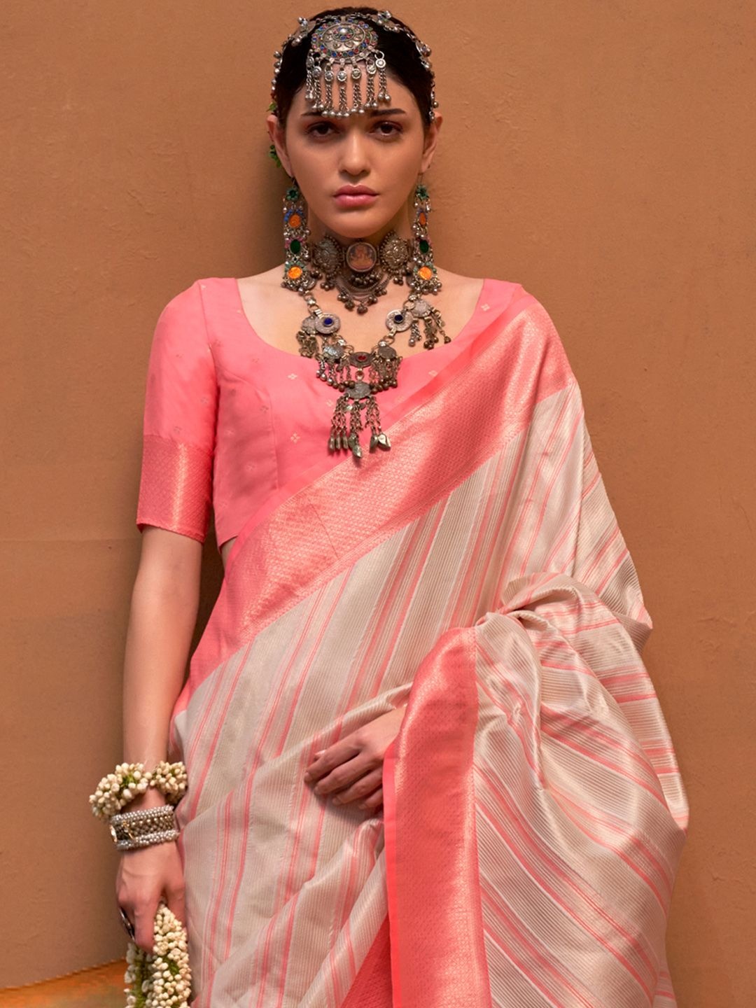 

Saree mall Woven Design Zari Banarasi Sarees, Cream