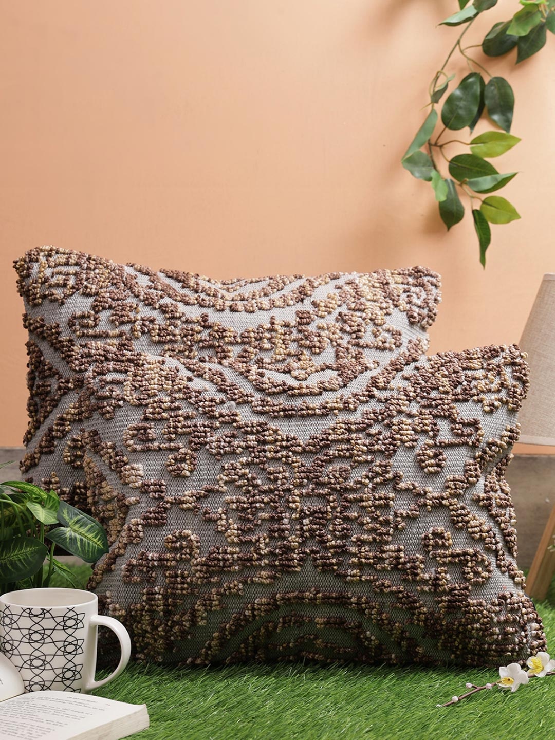 

Myntra Elegant Homes Grey & White 2 Pieces Embroidered Woollen Rectangle Cushion Covers