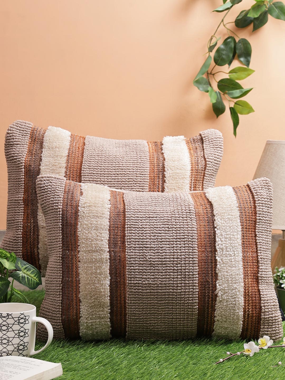 Myntra Elegant Homes Beige & Brown 2 Pieces Striped Wool Tufted Rectangle Cushion Covers