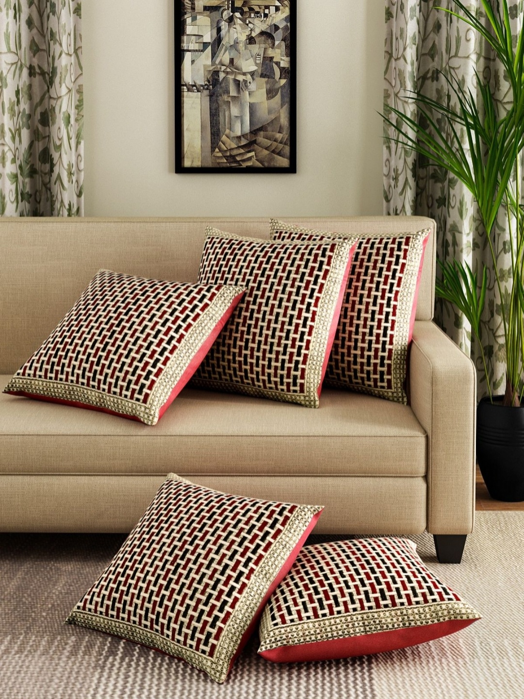 

Myntra Elegant Homes Beige & Maroon 5 Pieces Checked Square Cushion Covers