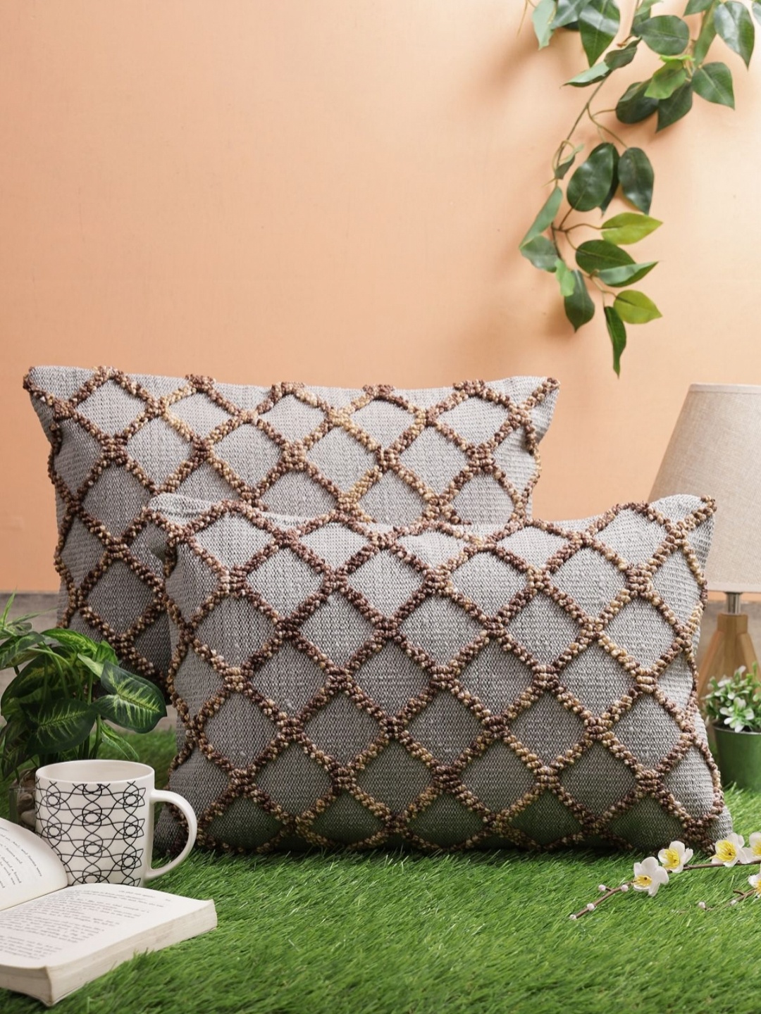 

Myntra Elegant Homes Grey & Brown 2 Pieces Checked Woollen Rectangle Cushion Covers