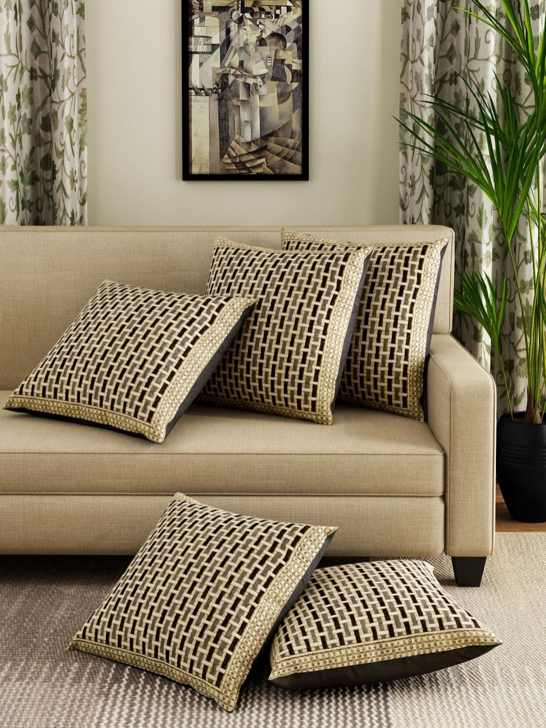 

Myntra Elegant Homes Beige & Black 5 Piece Checked Square Cushion Covers