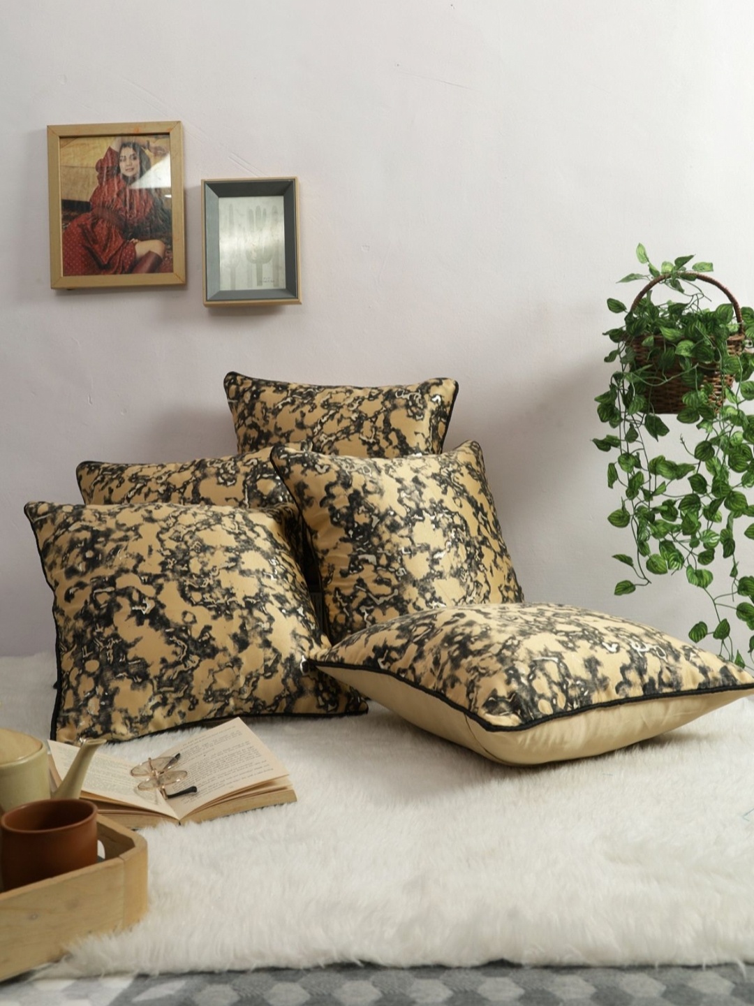 

Myntra Elegant Homes Beige & Black 5 Pieces Abstract Square Cushion Covers