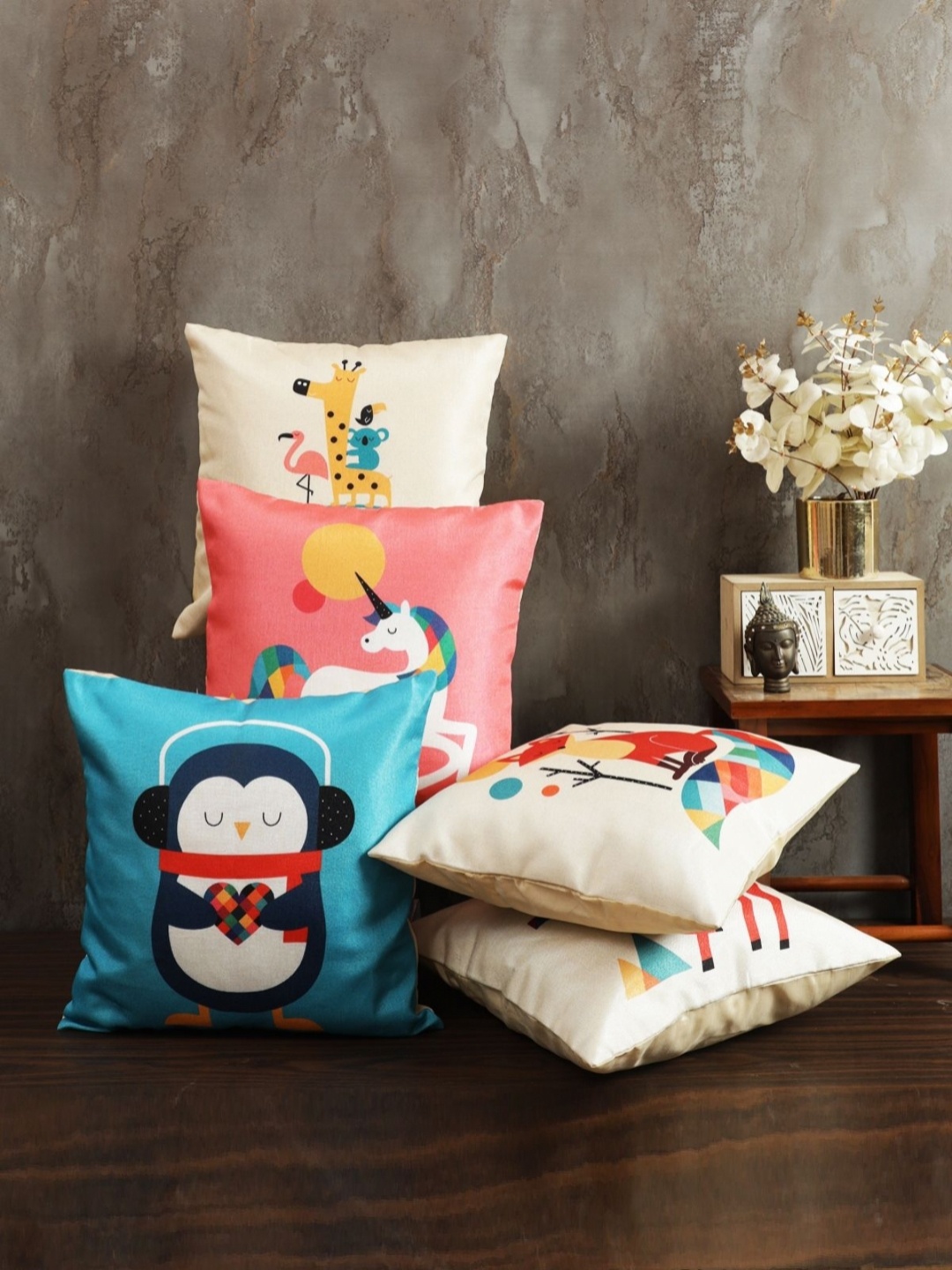 Myntra Elegant Homes Blue & White 5 Pieces Animal Printed Square Cushion Covers