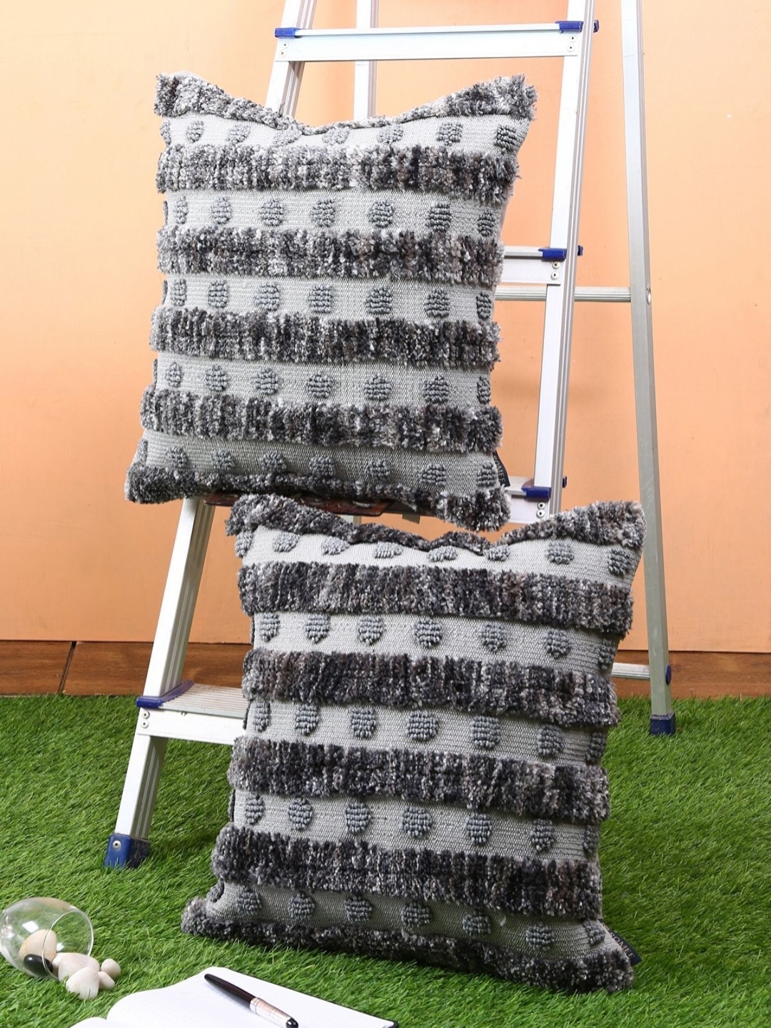 

Myntra Elegant Homes Grey 2 Pieces Geometric Woollen Tufted Square Cushion Covers