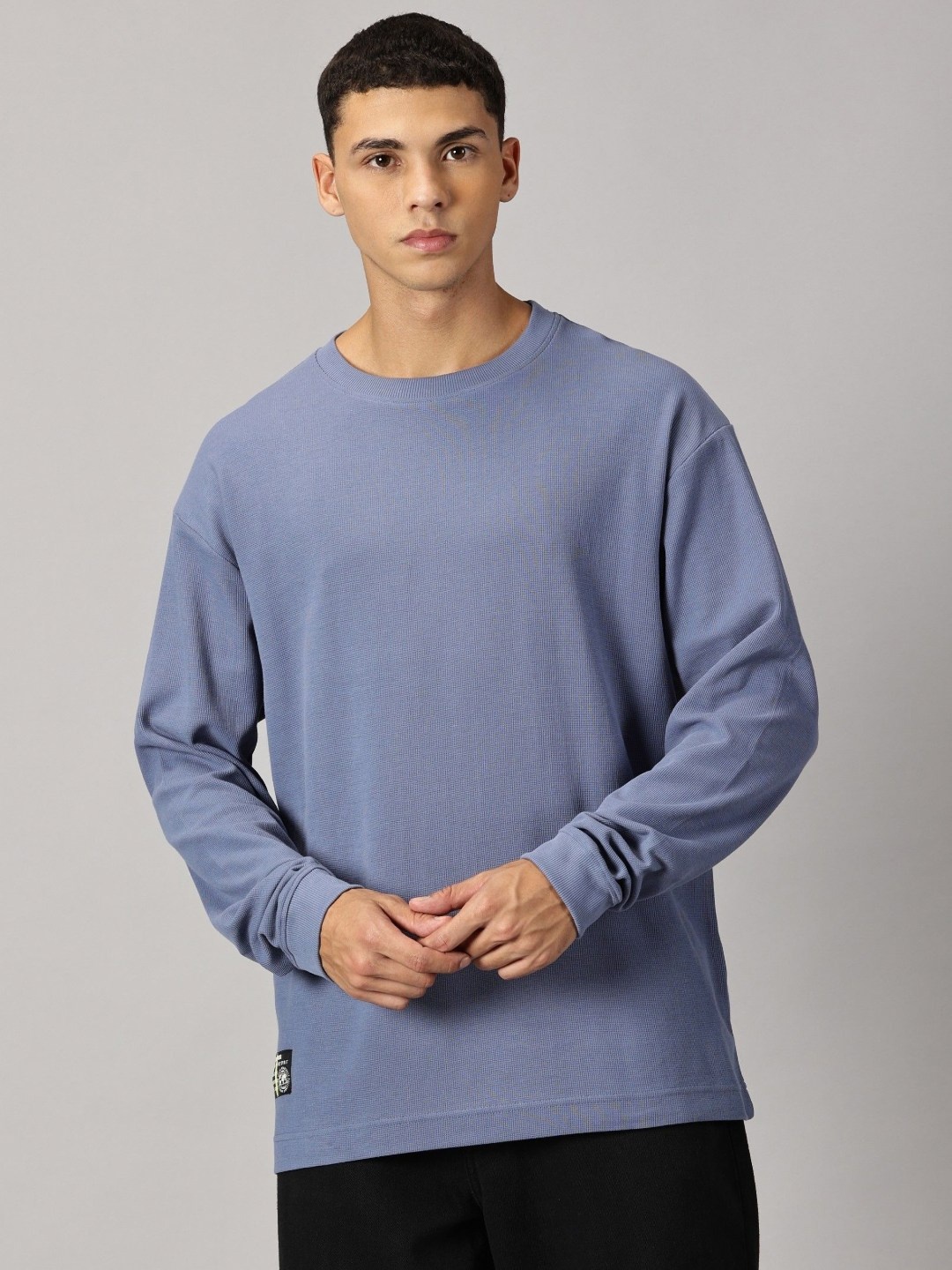 

THE HOLLANDER Men Waffle-Knit Oversized Fit Crew-Neck T-shirt, Blue