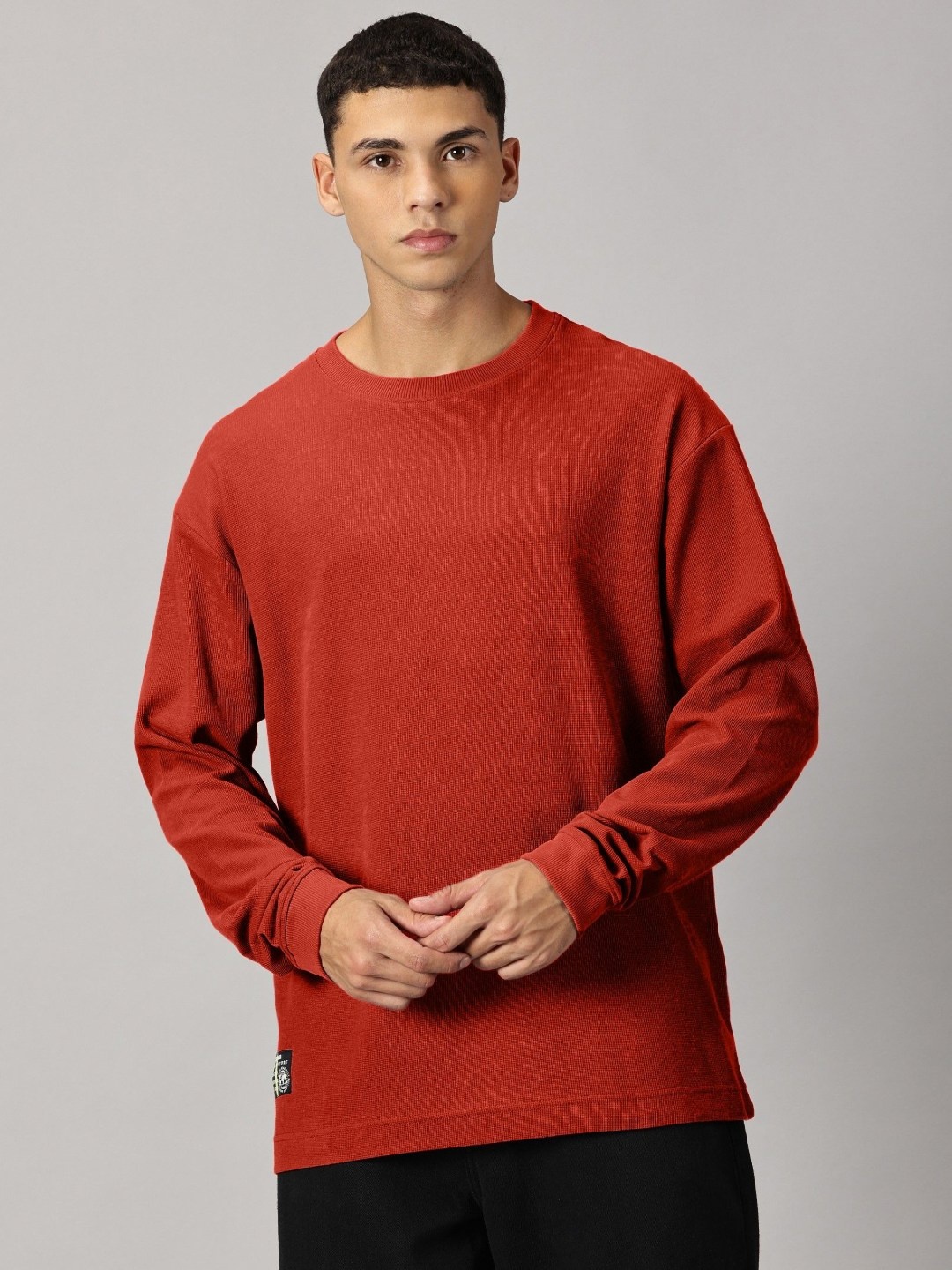 

THE HOLLANDER Men Waffle-Knit Oversized Fit Crew-Neck T-shirt, Red