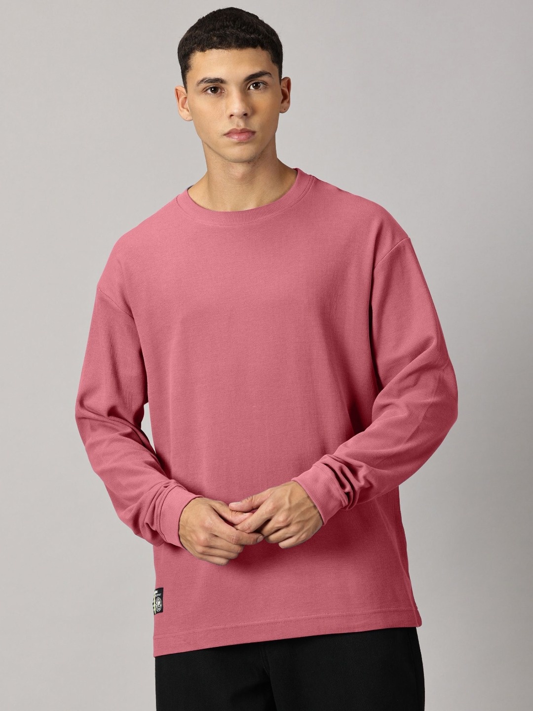 

THE HOLLANDER Men Waffle-Knit Oversized Fit Crew-Neck T-shirt, Mauve