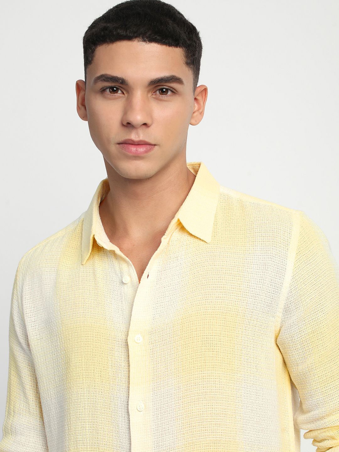 

THE BEAR HOUSE Men Slim Fit Knitted Checked Pure Cotton Casual Shirt, Yellow