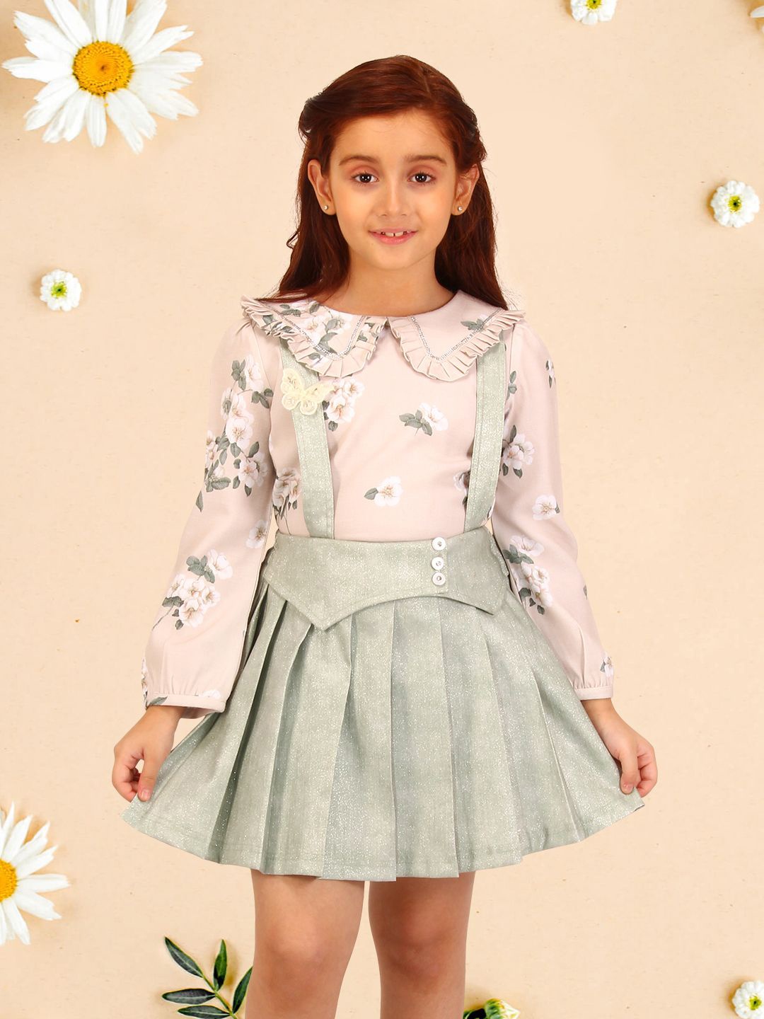 

CUTECUMBER Girls Printed Shirt Collar Top With Skirt, Green