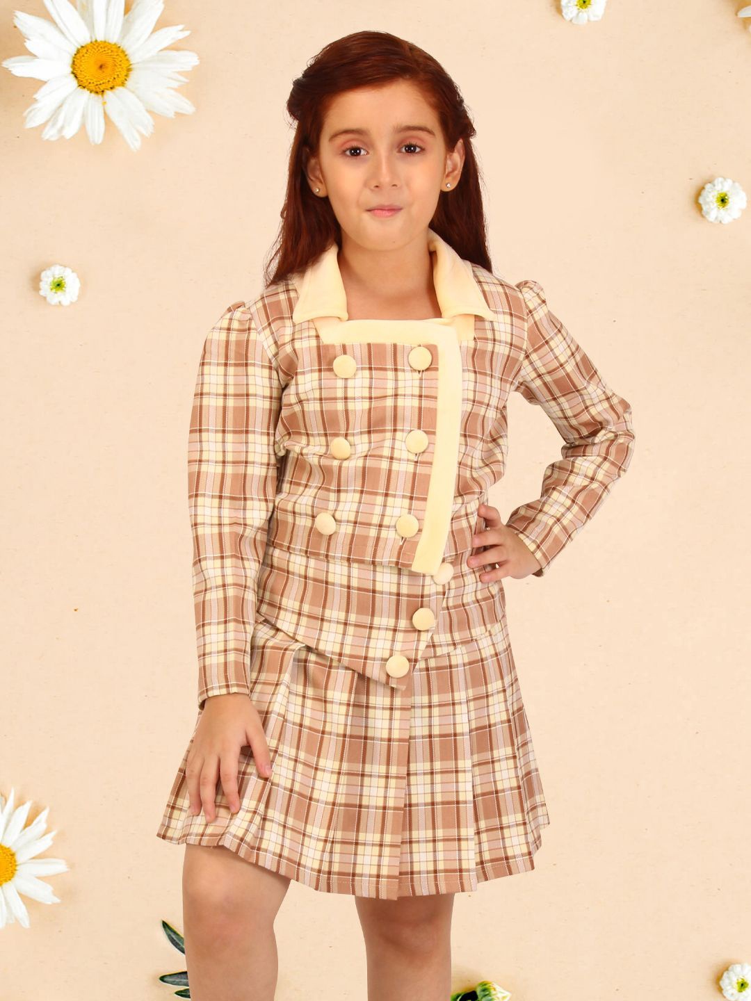 

CUTECUMBER Girls Checked Shirt Collar Long Sleeves Top with Skirt, Brown