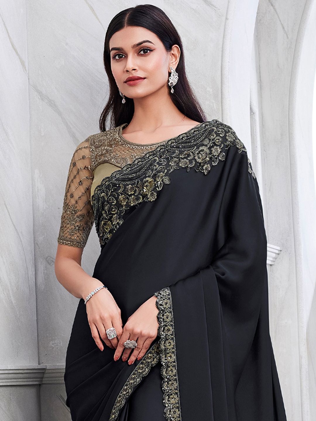 

Mitera Sequinned Satin Saree, Black