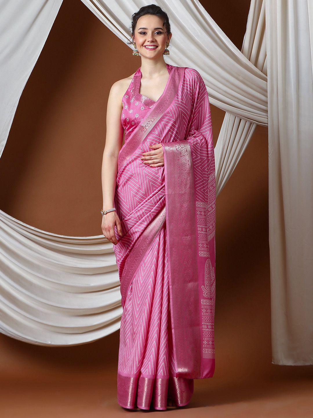 

Mitera Zari Sungudi Saree, Pink