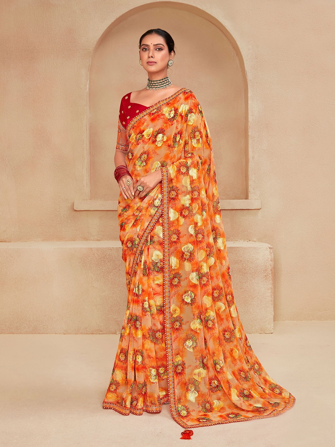 

VIRICA Floral printed Embroidered Saree, Orange