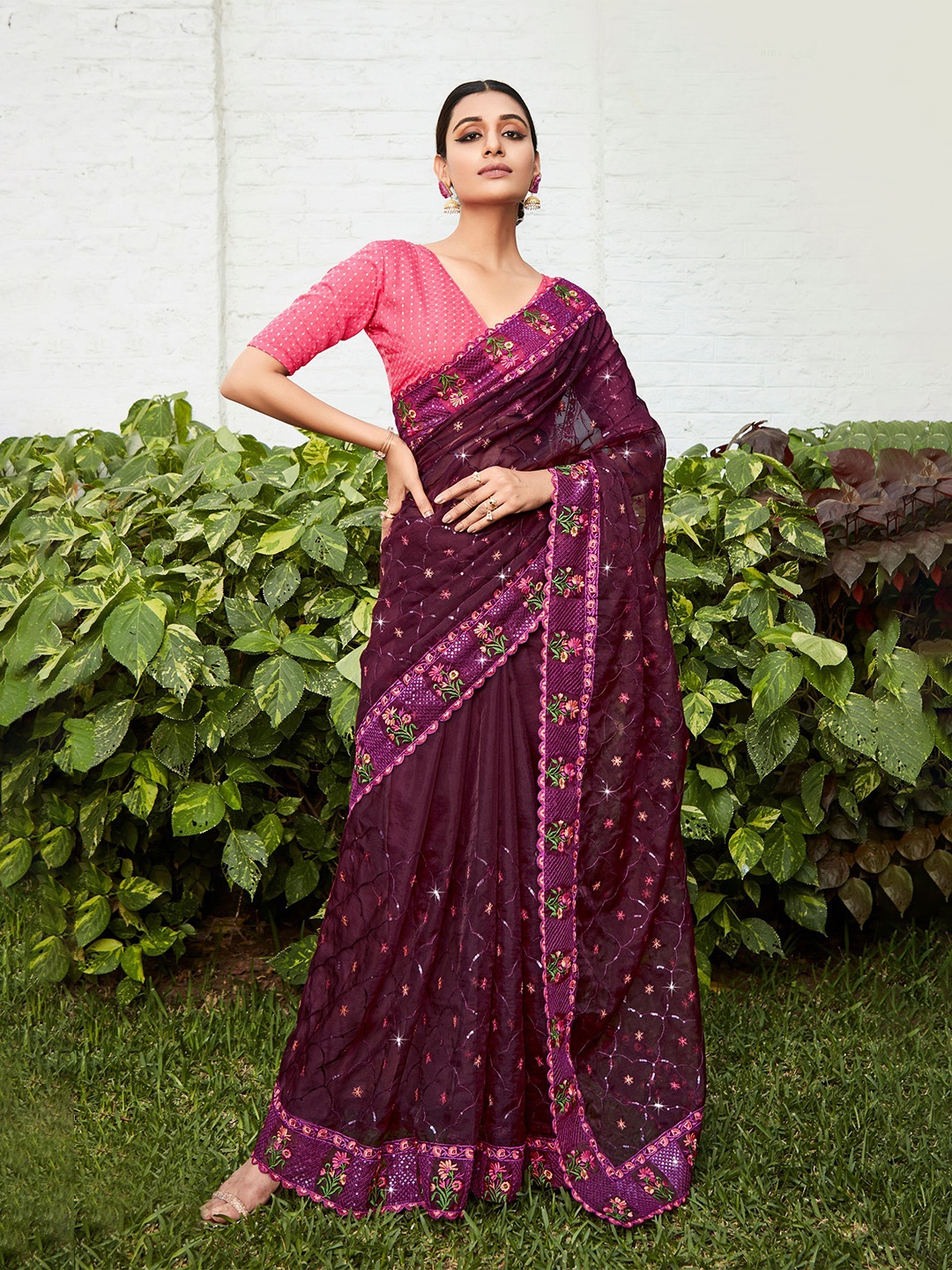 

VIRICA Ethnic Motifs Embroidered Organza Saree, Burgundy