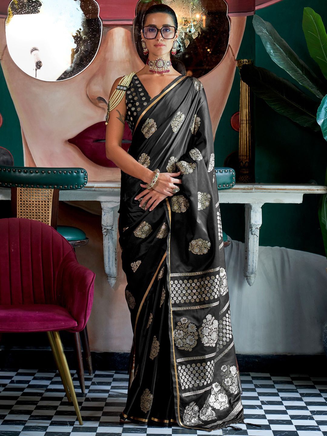 

Mitera Woven Design Zari Satin Banarasi Saree, Black
