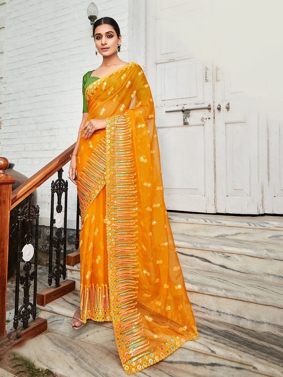 

VIRICA Ethnic Motifs Embroidered Sequinned Organza Saree, Yellow