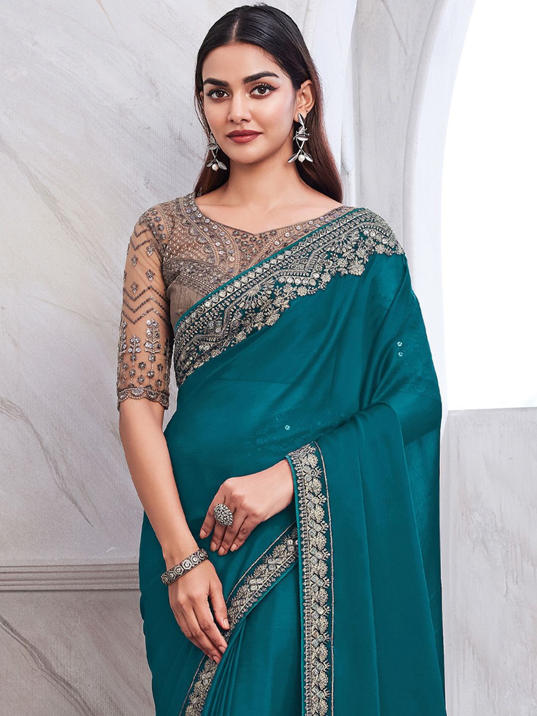 

Mitera Embroidered Satin Saree, Blue