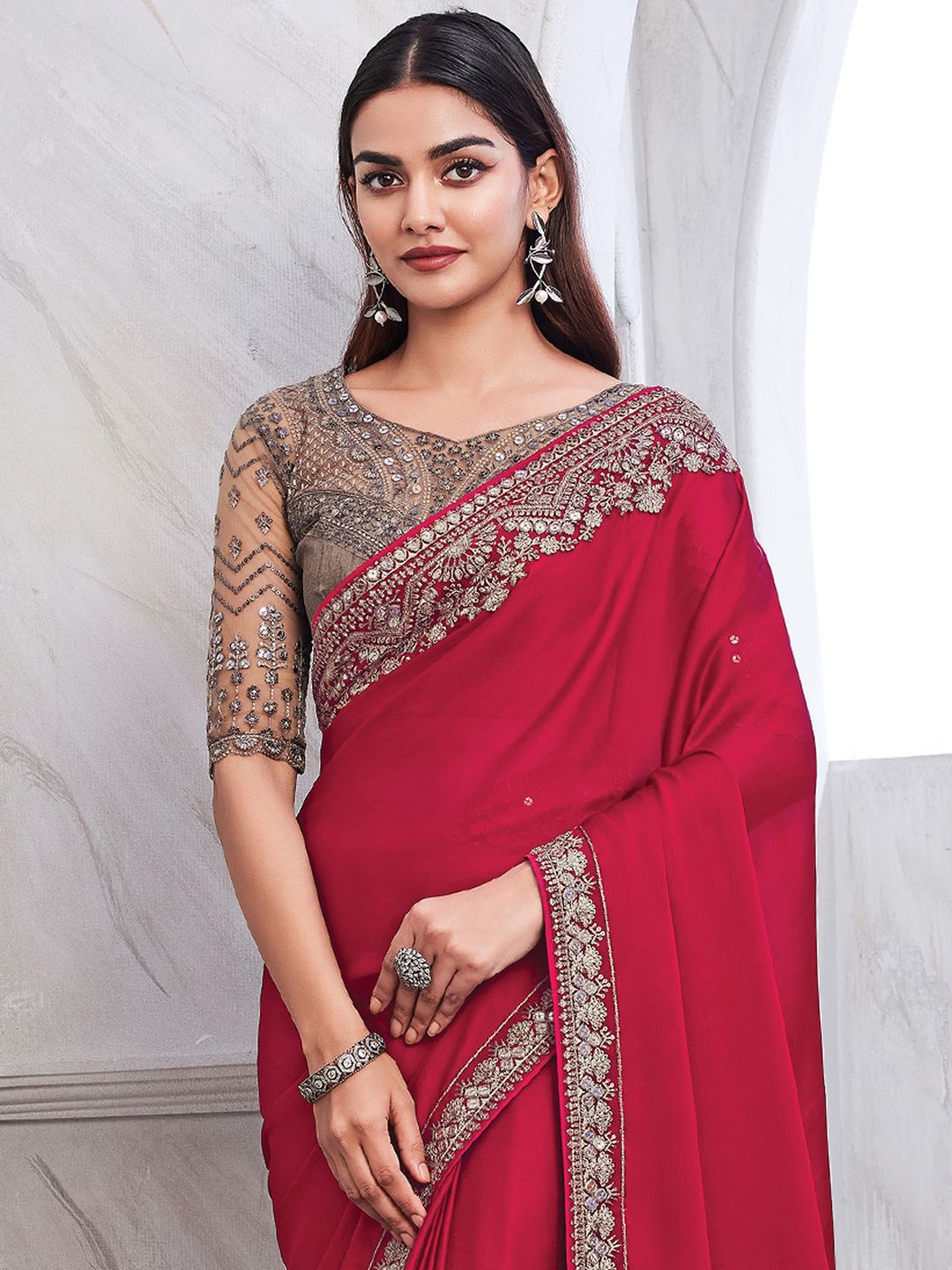 

Mitera Embroidered Satin Saree, Pink