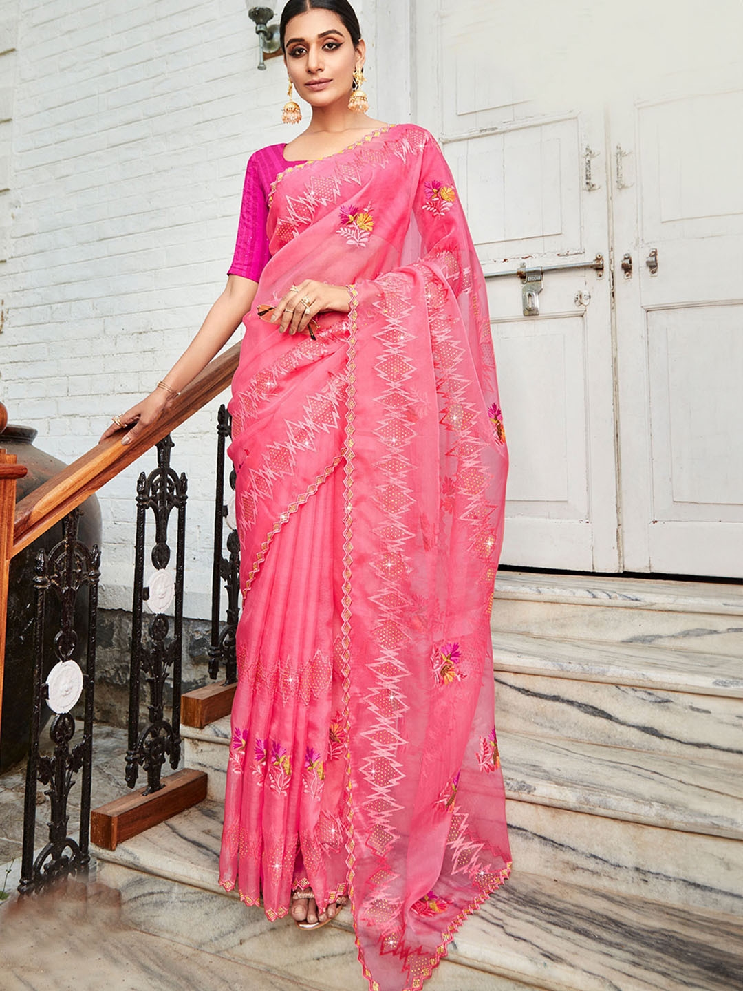

VIRICA Ethnic Motifs Embroidered Beads and Stones Organza Saree, Pink
