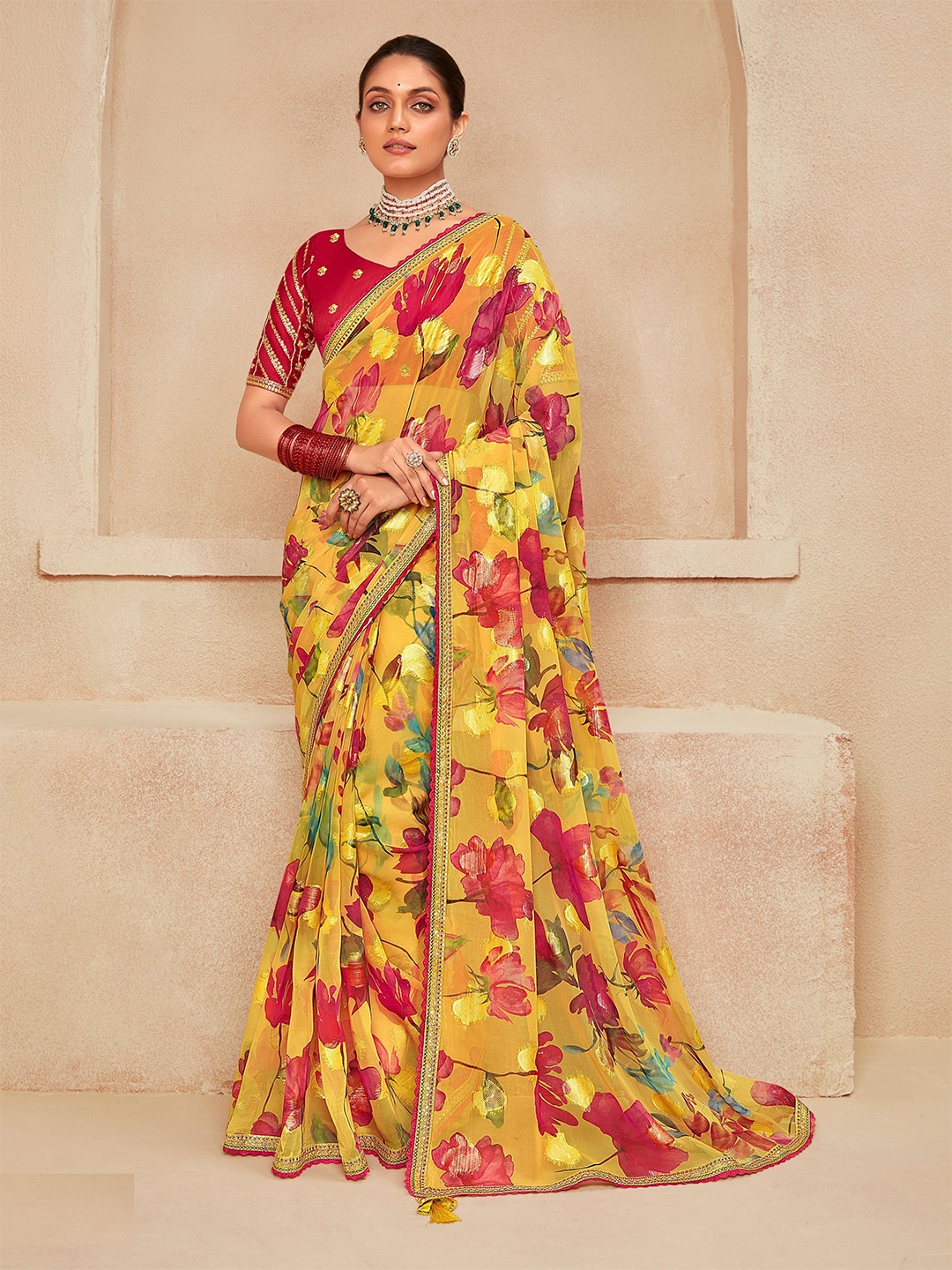 VIRICA Embroidered Floral Saree, Yellow