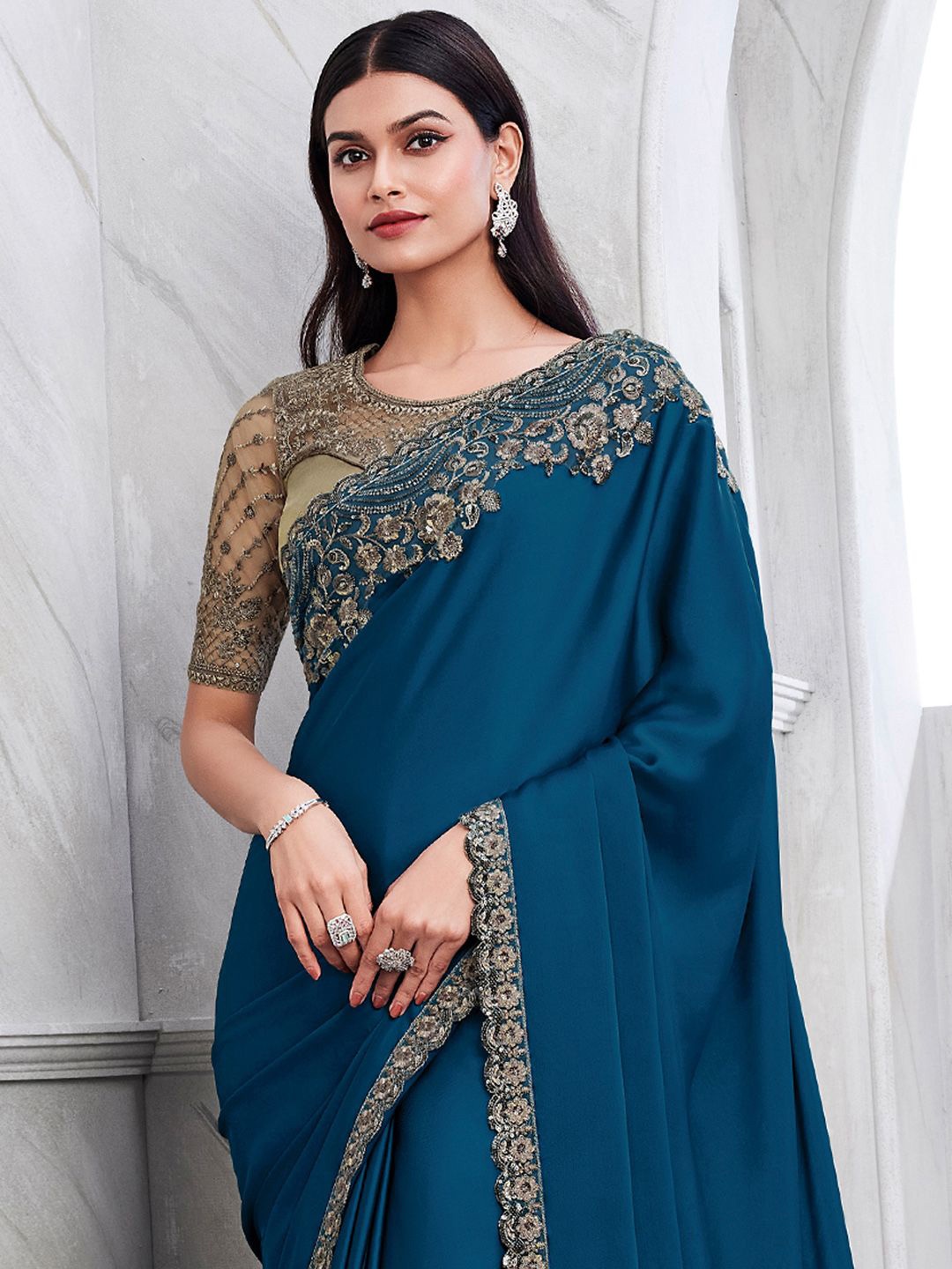 

Mitera Sequinned Satin Saree, Teal