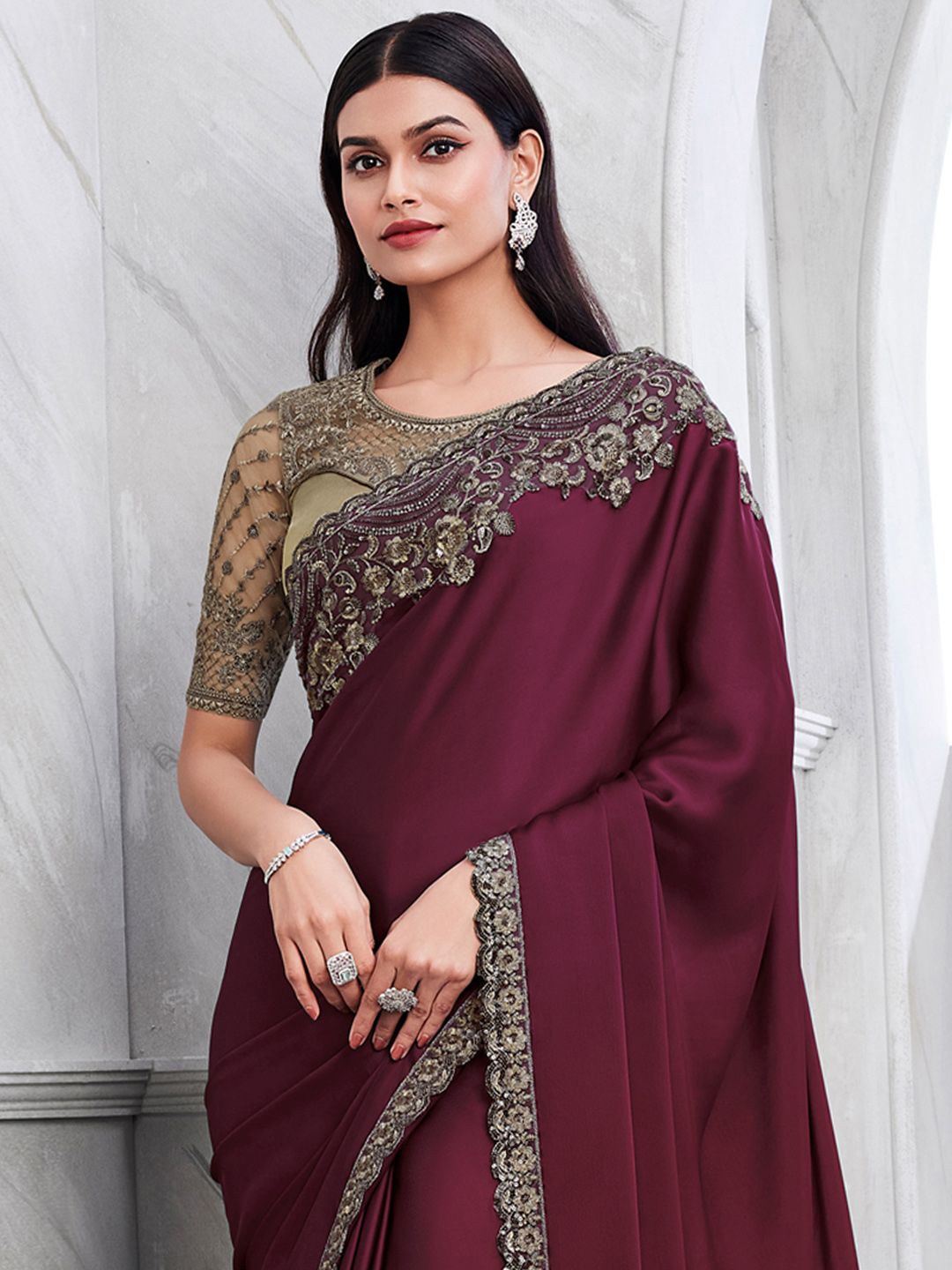 

Mitera Sequinned Satin Saree, Burgundy