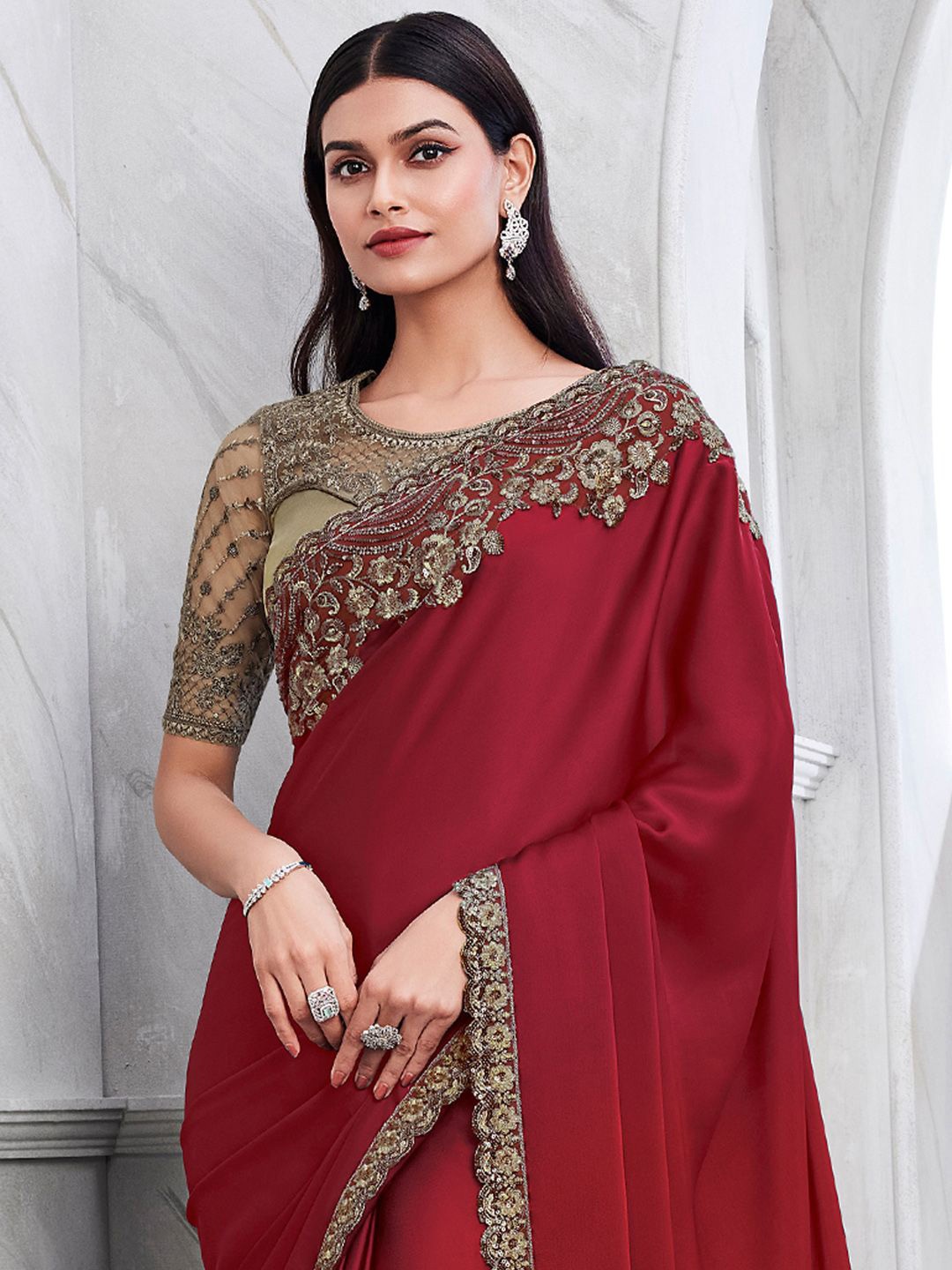 

Mitera Ethnic Motif Embroidered Sequinned Satin Saree, Maroon