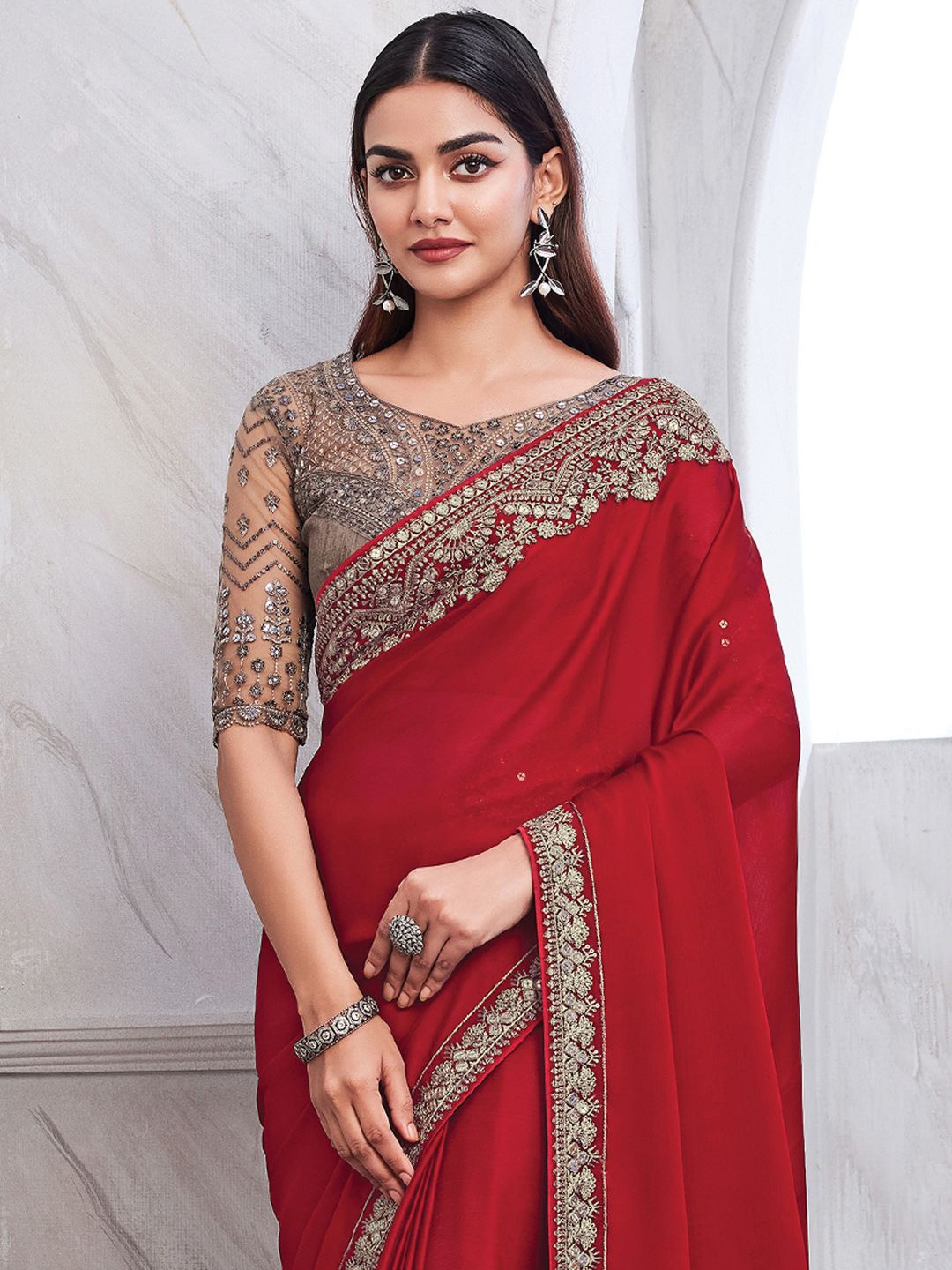 

Mitera Sequinned Satin Saree, Red