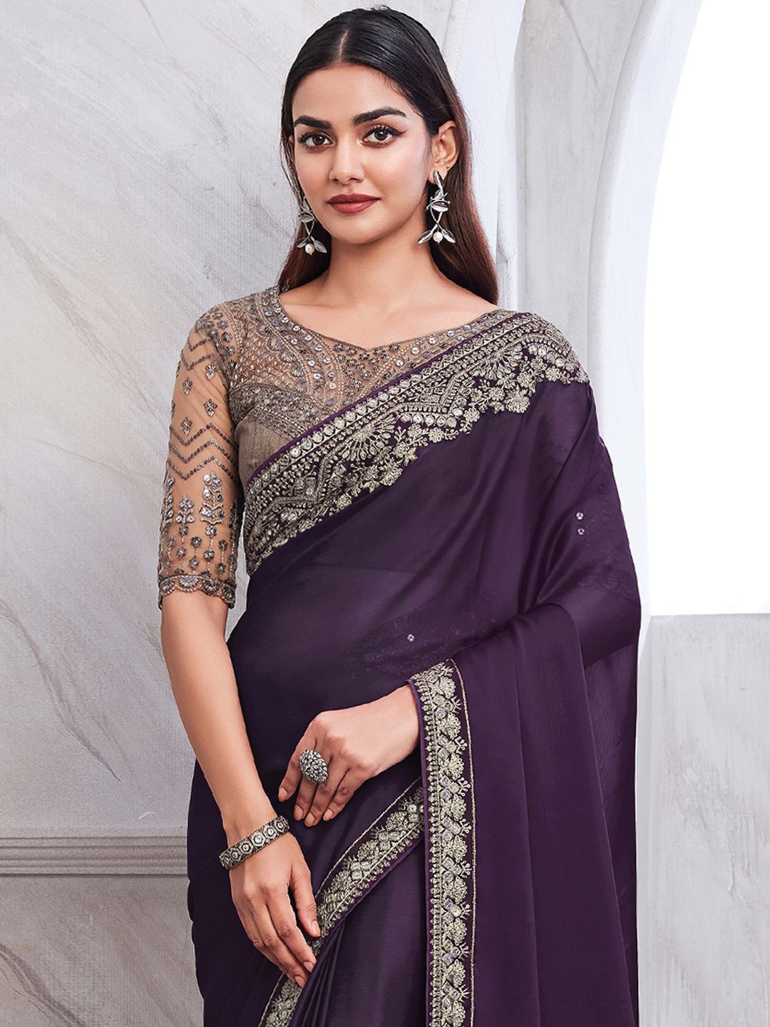 

Mitera Ethnic Motif Embroidered Sequinned Satin Saree, Purple