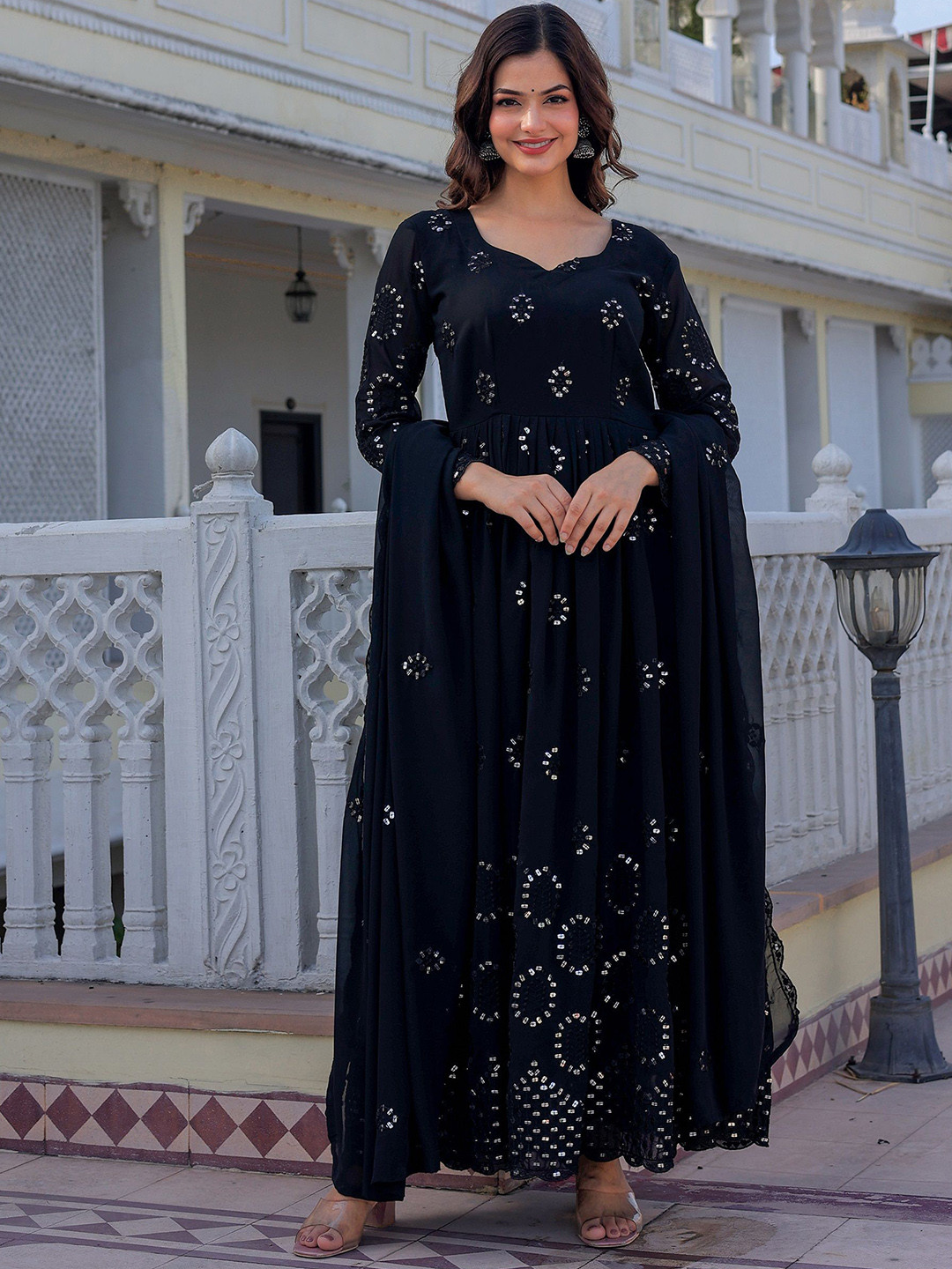 

Ethnic Yard Women Floral Embroidered Empire Sequinned Kurta with Trousers & With Dupatta, Black