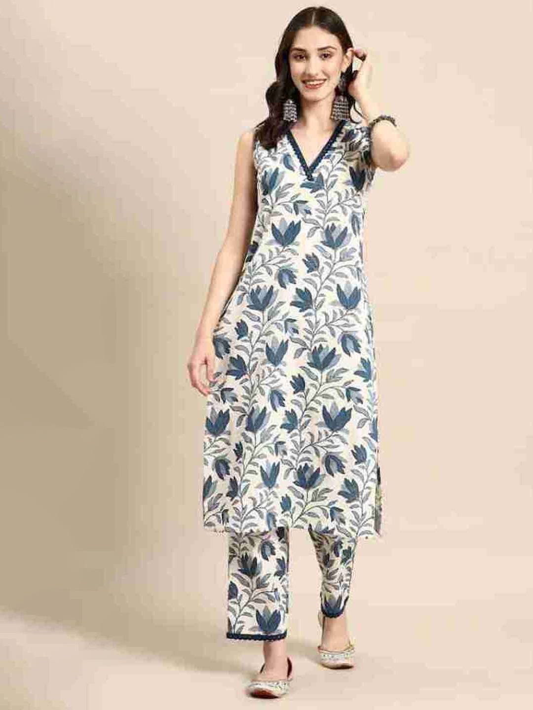 

UNISETS Floral Printed V-Neck Sleeveless Straight Kurta With Pyjamas, White