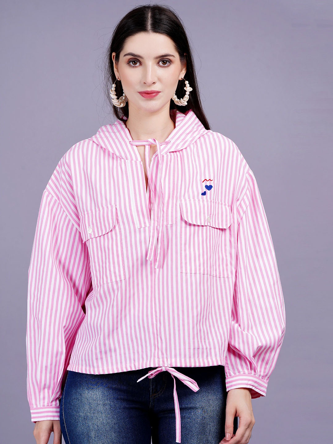 

MINGLAY Women Striped Longline Tailored Jacket, Pink