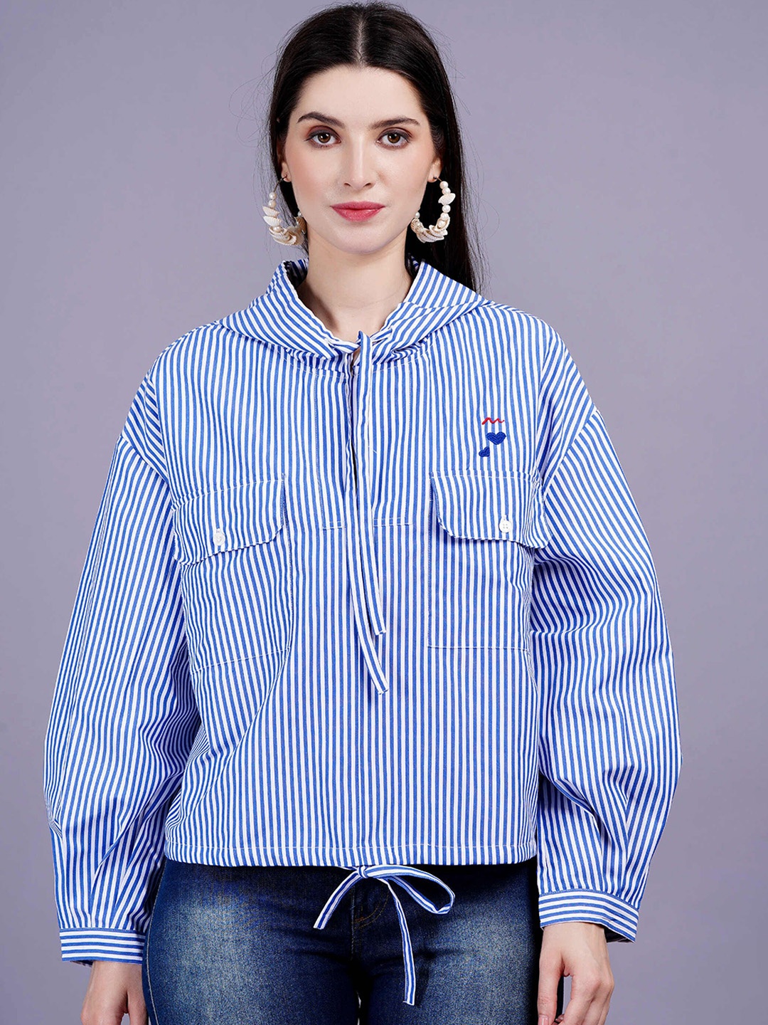 

MINGLAY Women Striped Longline Tailored Jacket, Teal