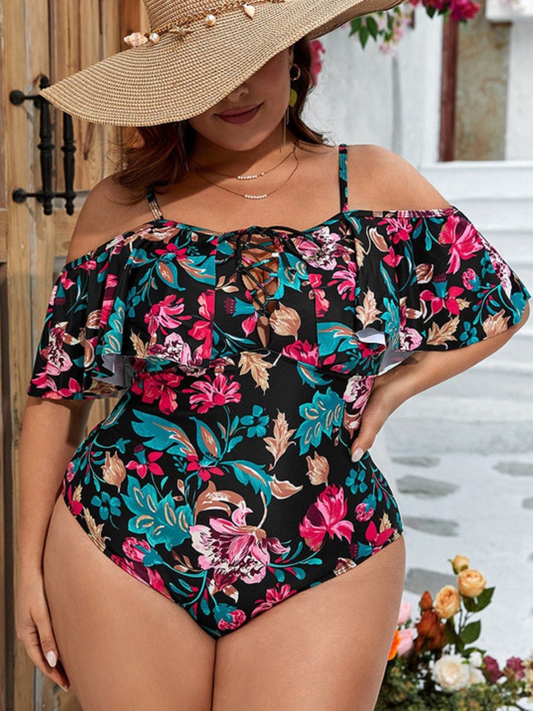 

Plus Curvves Women Floral Printed Ruffle Swim Bodysuit, Black