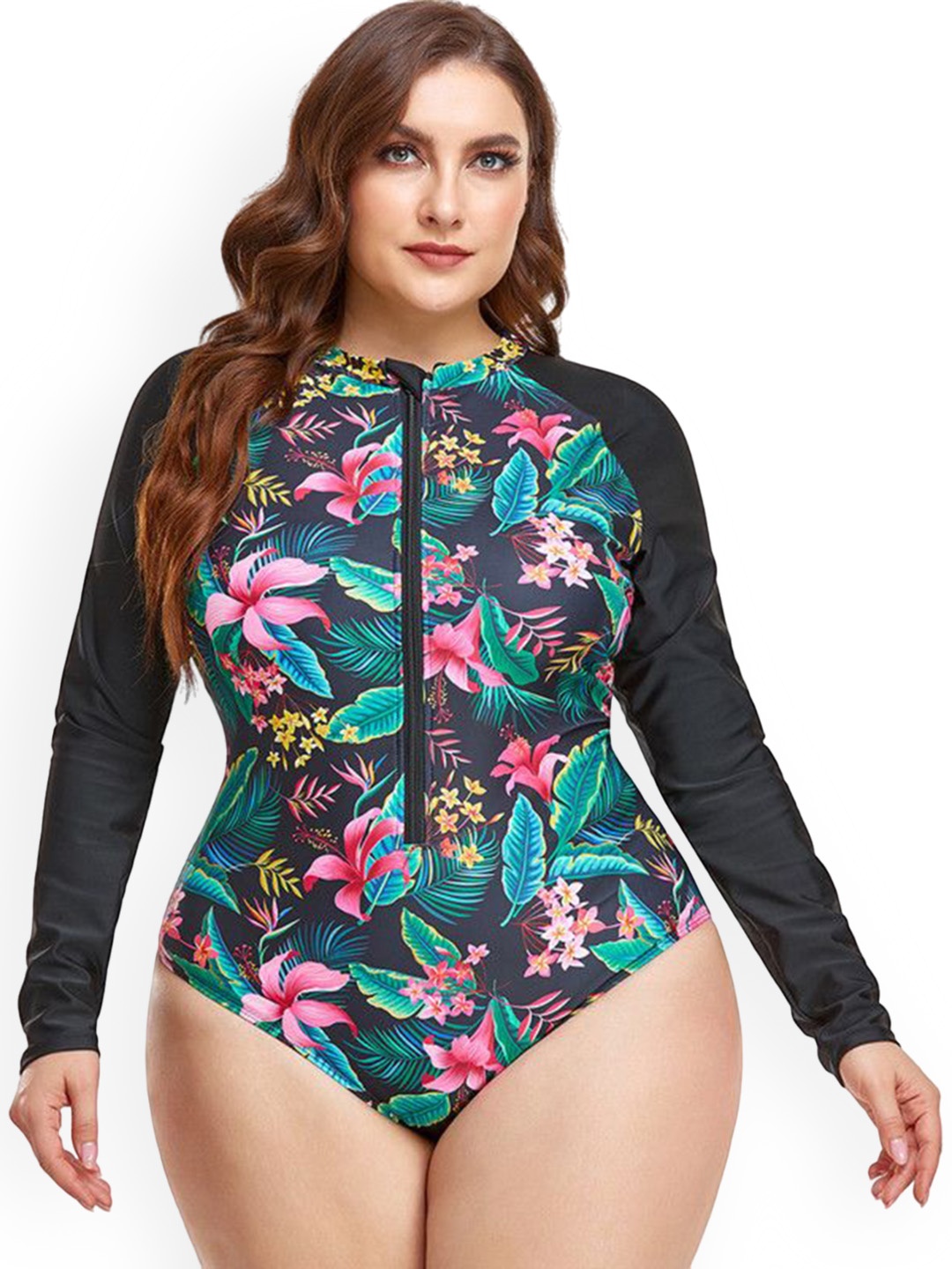 

Plus Curvves Women Plus Size Tropical Printed Swim Bodysuit, Black
