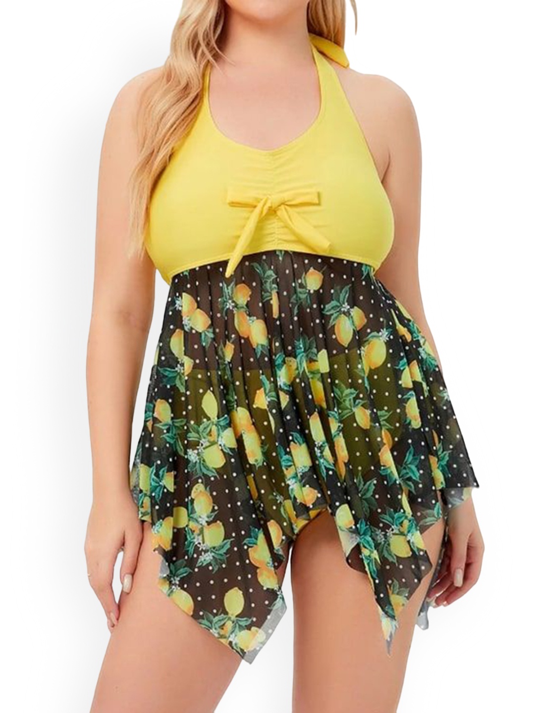 

Plus Curvves Plus Size Tummy Control Flowy Mesh Swimdress With Bottom, Yellow