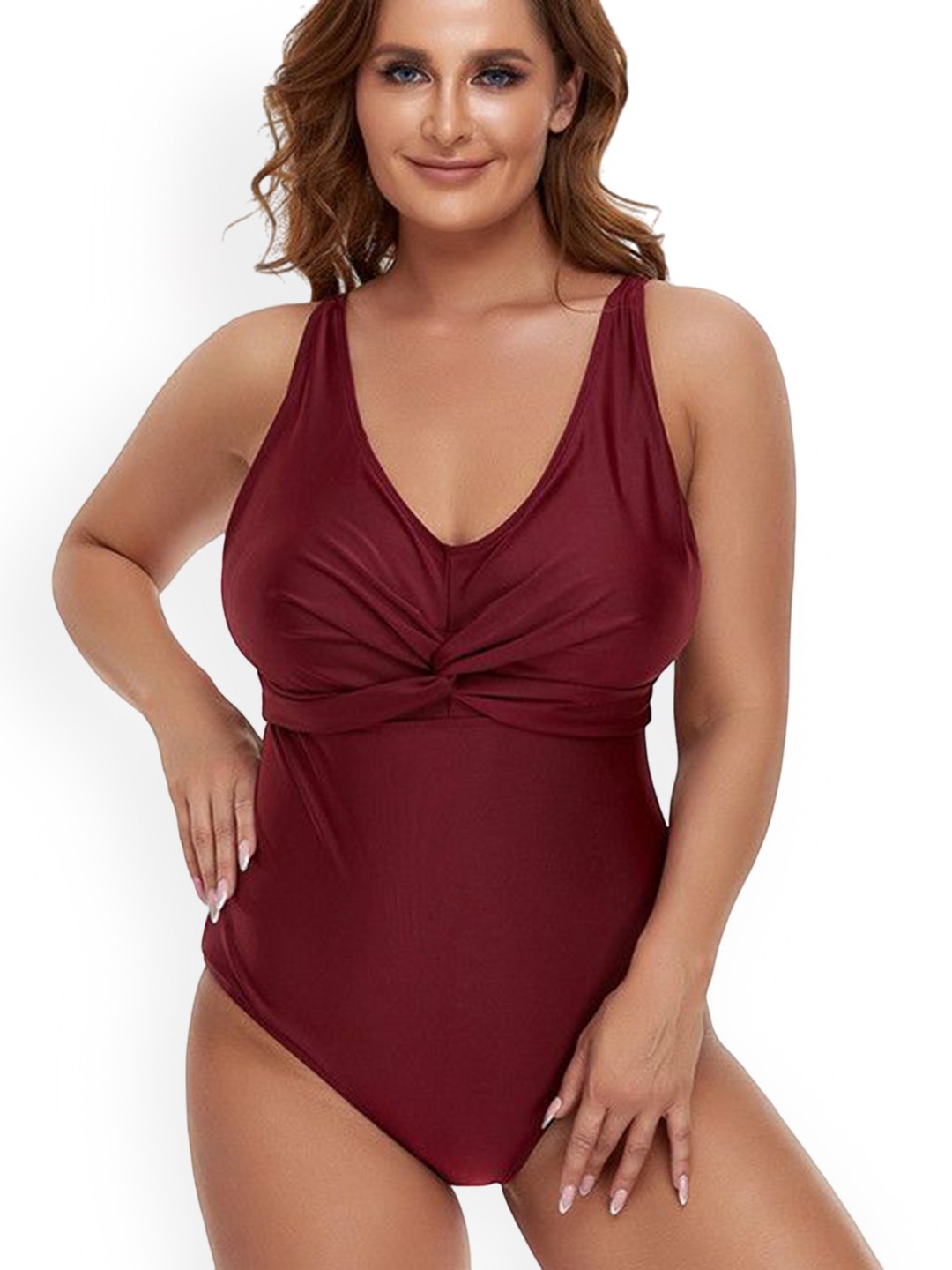 

Plus Curvves Plus Size Tummy Control Twist Front Ruched Swim Bodysuit, Maroon