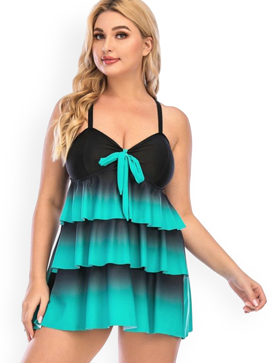 

Plus Curvves Women Colourblocked Plus Size Swim Set, Black