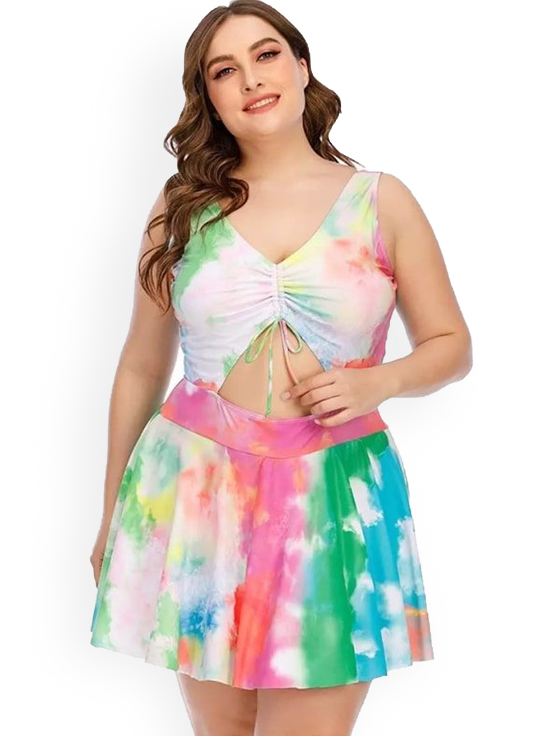 

Plus Curvves Plus Size Tie & Dye Printed Swim Dress, Pink