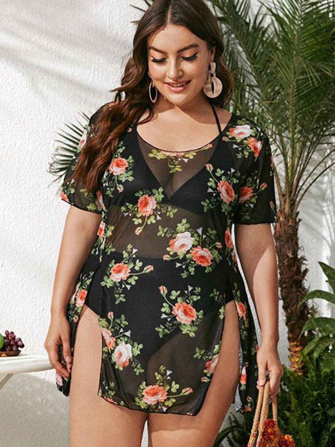 

Plus Curvves Plus Size Dyed Swimwear Cover Up Set, Black