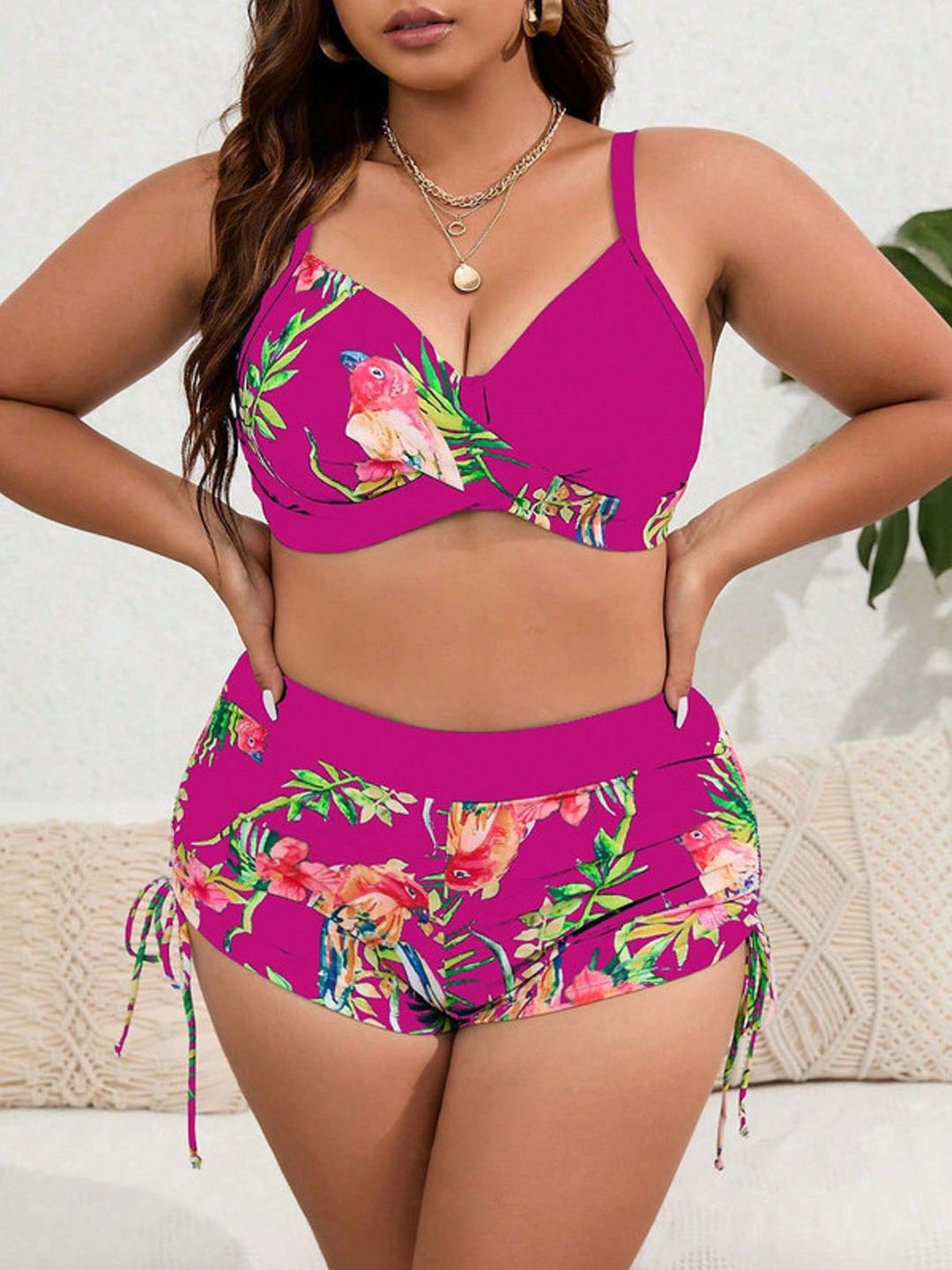 

Plus Curvves Tropical Printed Swim Bikini Set, Pink