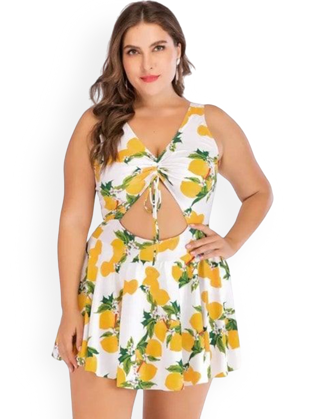 Plus Curvves Plus Size Printed Cut-Out Detail Swim Dress, White