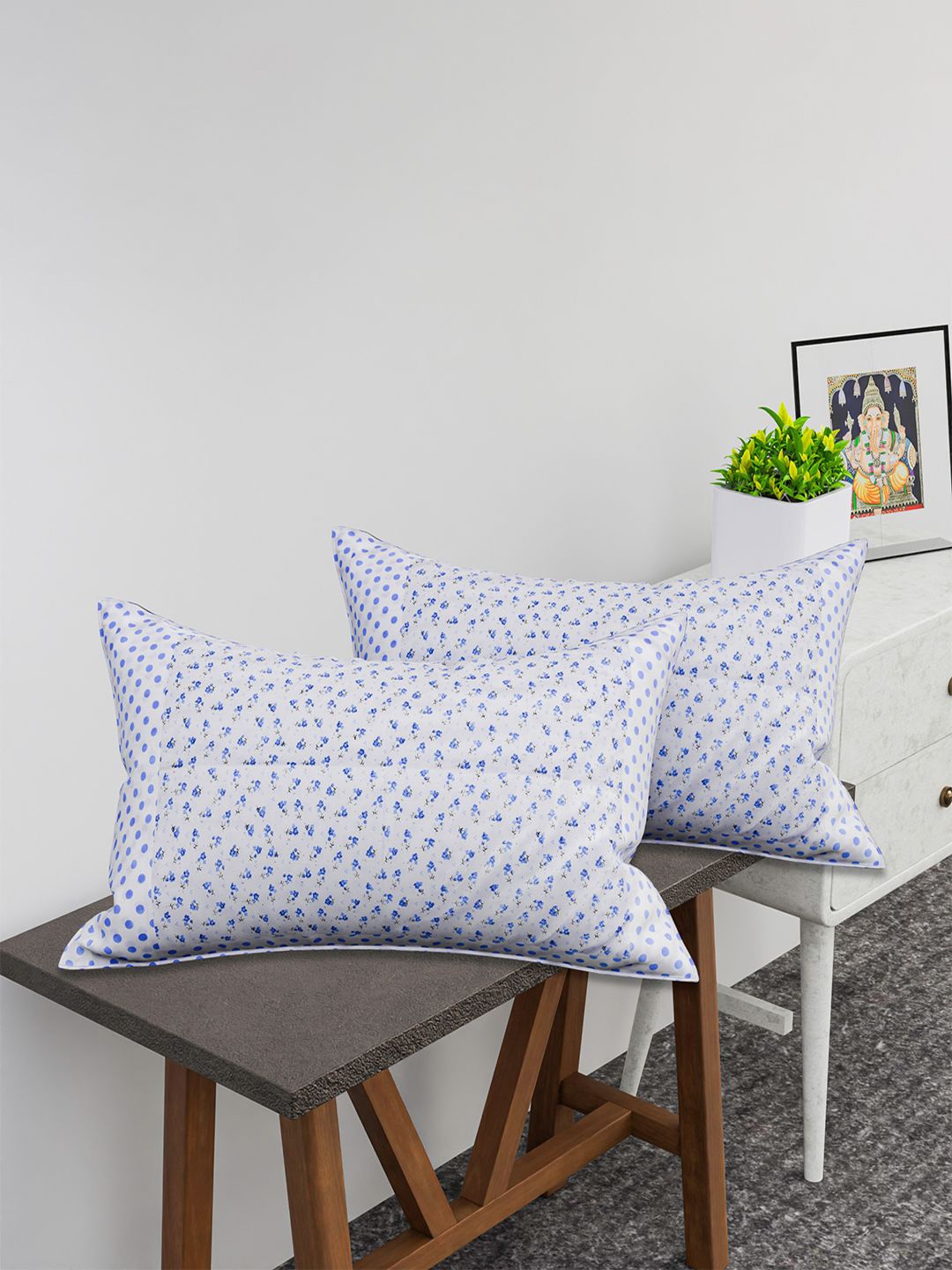 

Kuber Industries White & Blue 2 Pieces Self Design Pure Cotton Rectangle Pillow Covers