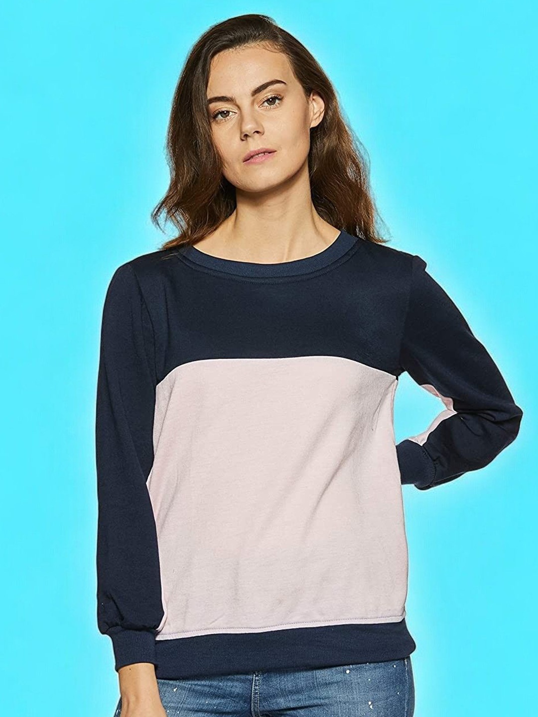 

BAESD Women Colourblocked Sweatshirt, Navy blue