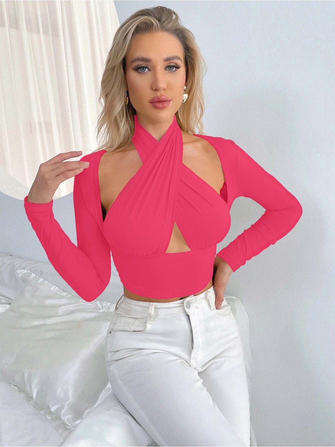 

Stylecast X Slyck Women Halter Neck Long Sleeves Fitted Crop Top, Pink