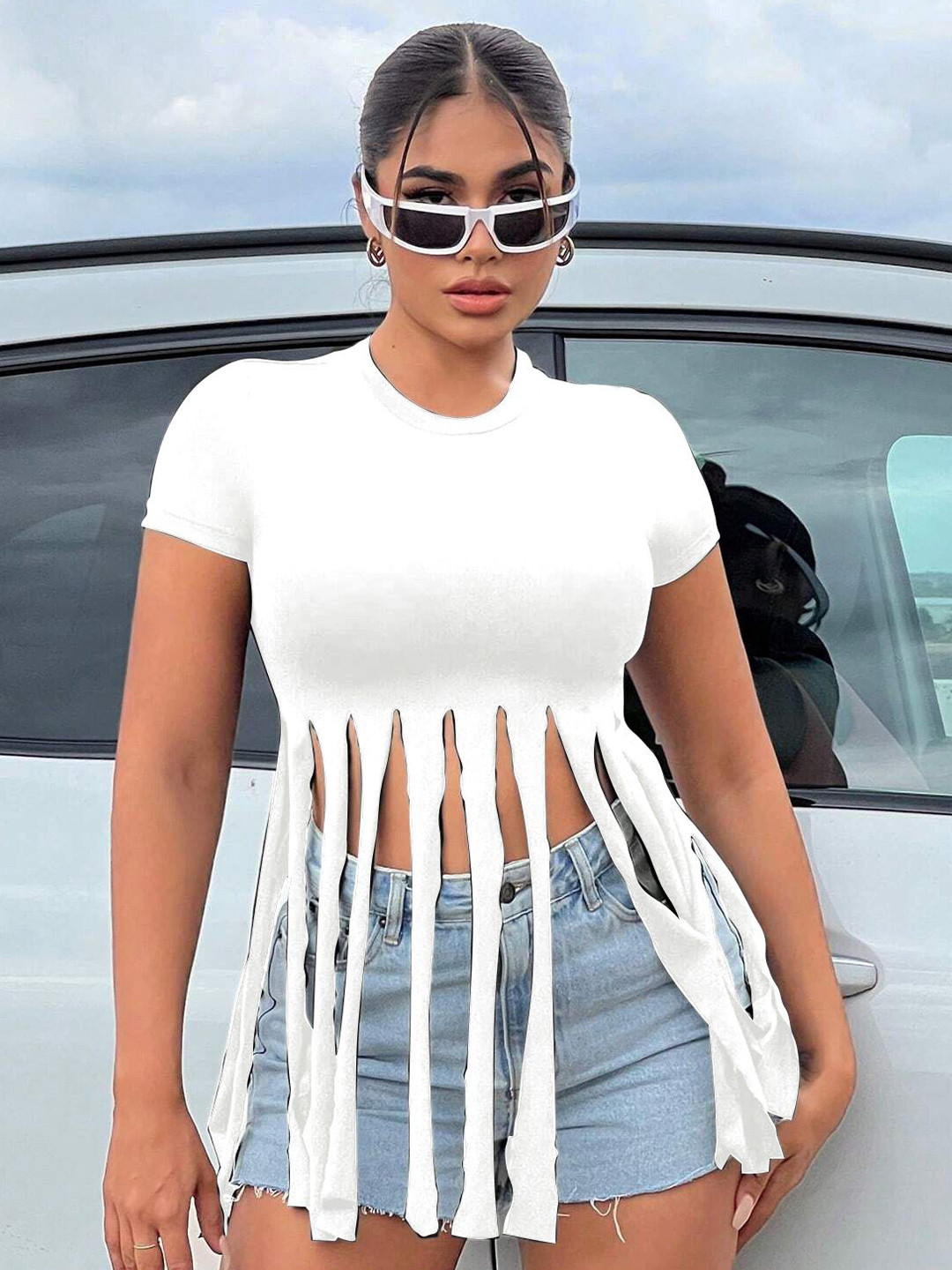 

Stylecast X Slyck Women Styled Back Top With Fringed, White