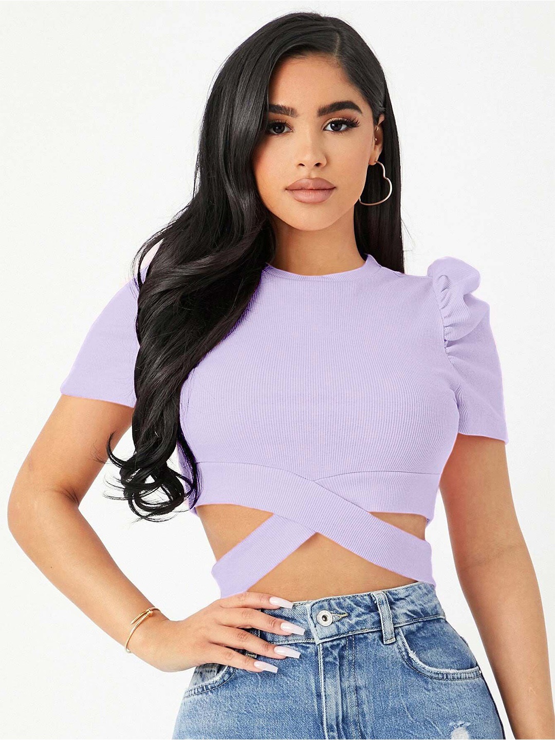 

Stylecast X Slyck Women Fitted Puff Sleeves Crop Top, Lavender