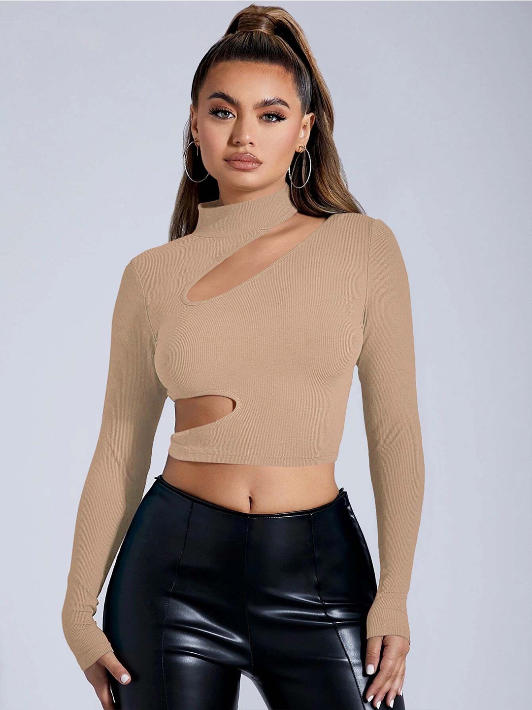 

Stylecast X Slyck Solid Pattern High Neck Cut Out Top, Beige